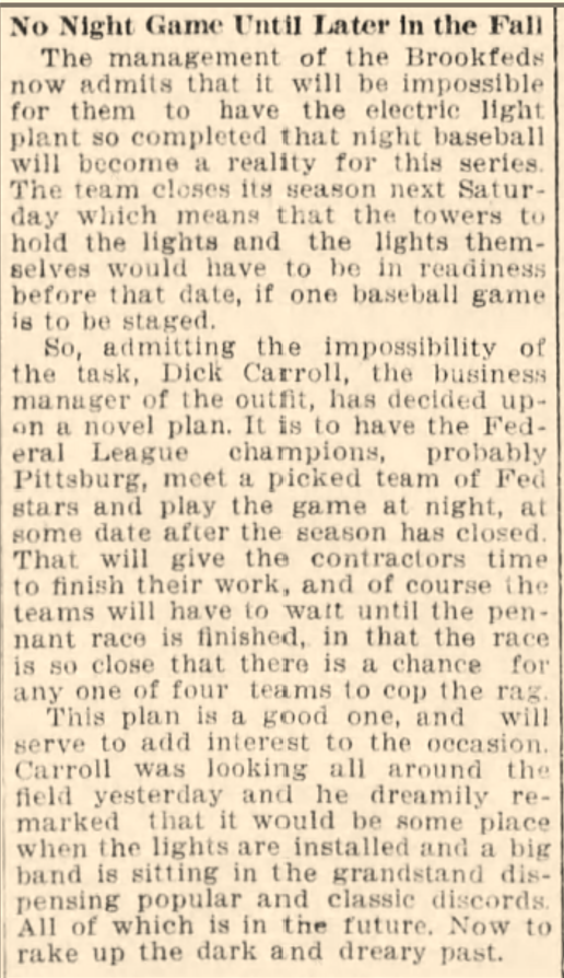 According to the exceptional book “The Outlaw League..." written by <a href="/dlevs1/">Dan Levitt</a> the installation of light poles in Wash Park III began on 09/11/15 (p 215). 

The Brookfeds had planned on playing their final series vs. Buff at night but the installation could not be completed on time.