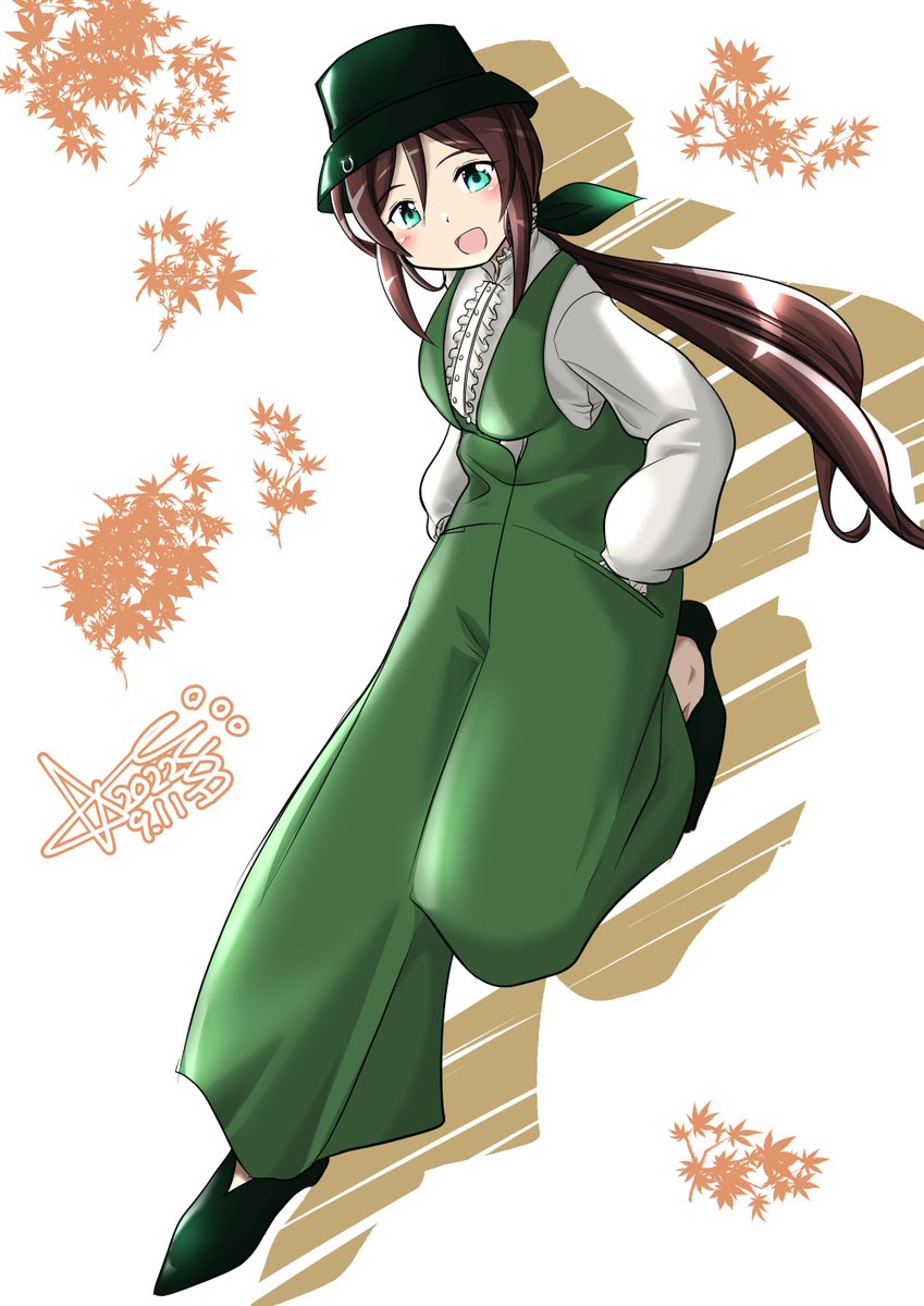 1girl solo green headwear long hair brown hair hat shirt  illustration images