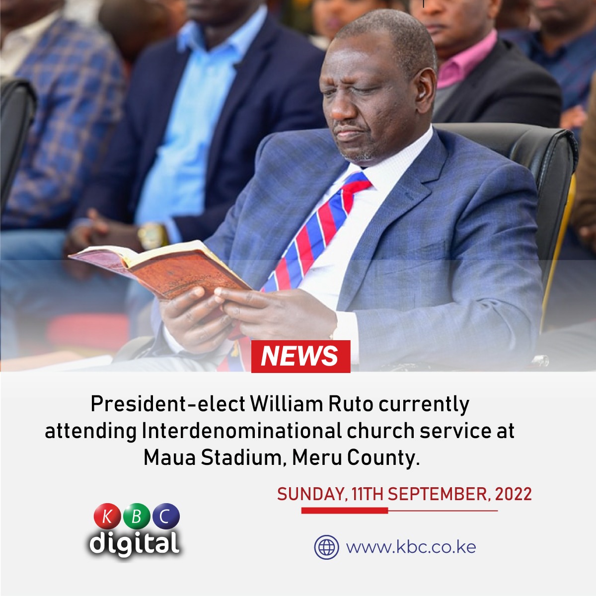 President-elect William Ruto currently attending Interdenominational church service at Maua Stadium, Meru County.
#ThisIsKBC ^RO