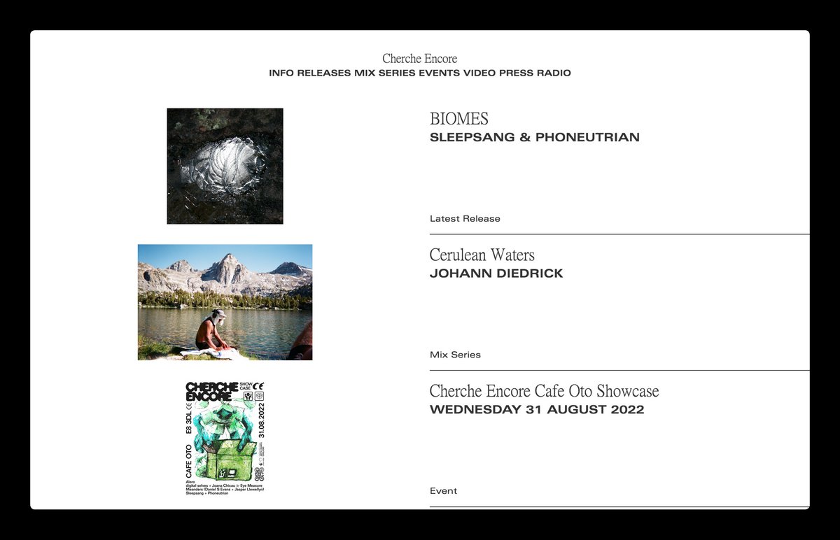 nullgrip's tweet image. Website for Cherche Encore (@Cherche__Encore), a label/night/project based in London run by Blue Maignien, Harry Murdoch and Hazel Ryan. Showcasing there releases, events, media and a growing mix series → cherche-encore.info

Media player developed by Henry Rodrick.