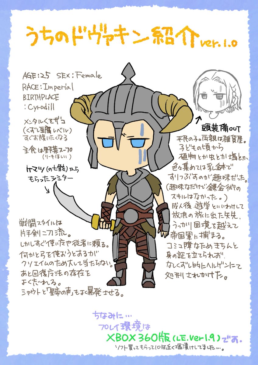 自己紹介です。自分用メモを兼ねて。
 #Skyrim #自キャラ紹介イラスト 