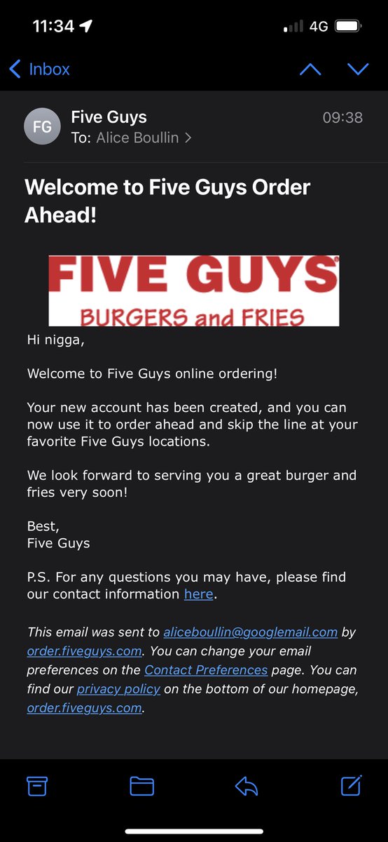 alicepjb's tweet photo. Excuse me @FiveGuysUK WHAT is this email 🤦‍♀️ https://t.co/5iCMleQqaP