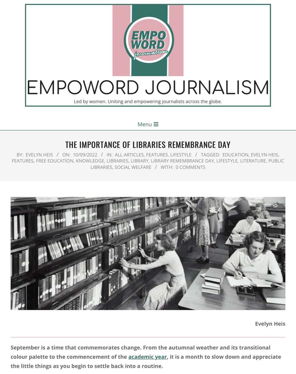 empowordjournos's tweet photo. Evelyn Heis - 20 - Bristol
“Holding multitudes of narratives for curious readers to access, libraries become a place of refuge and learning.”
Read @evheis’s article about Libraries Remembrance Day in the Features section of our website https://t.co/FTnxOY0atR