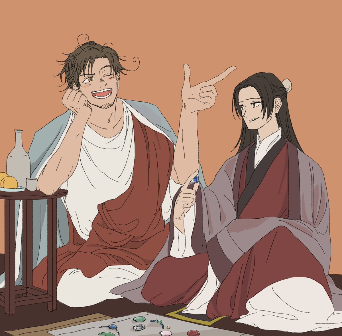 2boys multiple boys long hair male focus black hair sitting table  illustration images