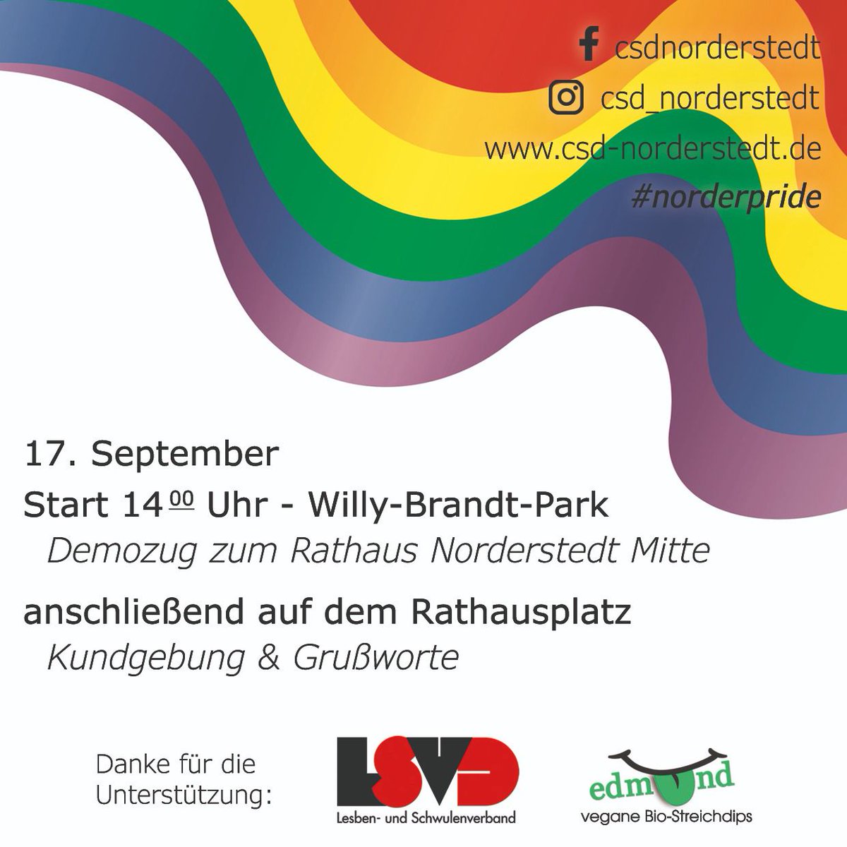 lsvd's tweet photo. #Norderpride 17.09 🌈 Nächstes Wochenende startet in Norderstedt der erste #Pride 🏳️‍🌈🎉 Kommt zahlreich um 14.00 zum ersten #CSDNorderstedt.
#Pride2022 https://t.co/PslVvjaQrN