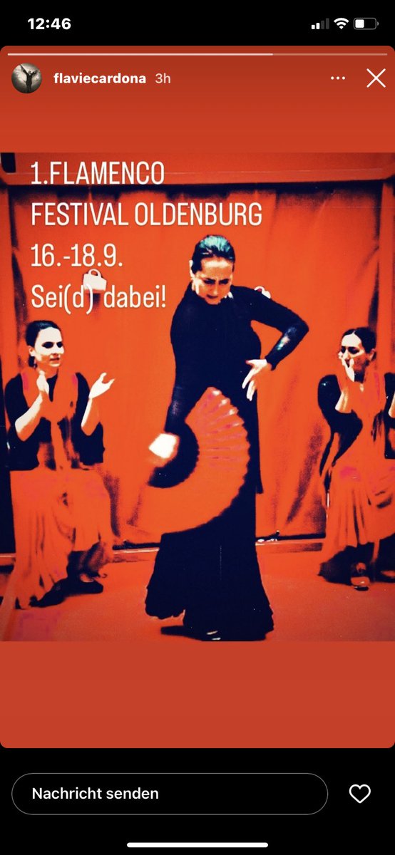 Flavie Cardona ladet euch ein zum großen Flamenco Workshop
in den Freiraumstudios, an der Nadorster Straße 60 und im Muse Mampf und Mammon Event! Näheres unter flamencooldenburg.de