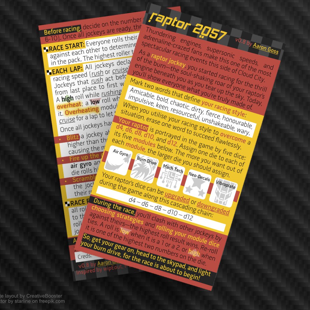 raspilicious's tweet photo. I'm working on a definitive, polished version of #raptor2057 to join some other games of mine in a 54-poker-card-sized deck!
What would you like to see in an update for raptor 2057? Let me know here!
#racingRPG #ttrpg #pleasureCardRPG #oneCardGame #gamedev #boardgames https://t.co/ayUZolw9ha
