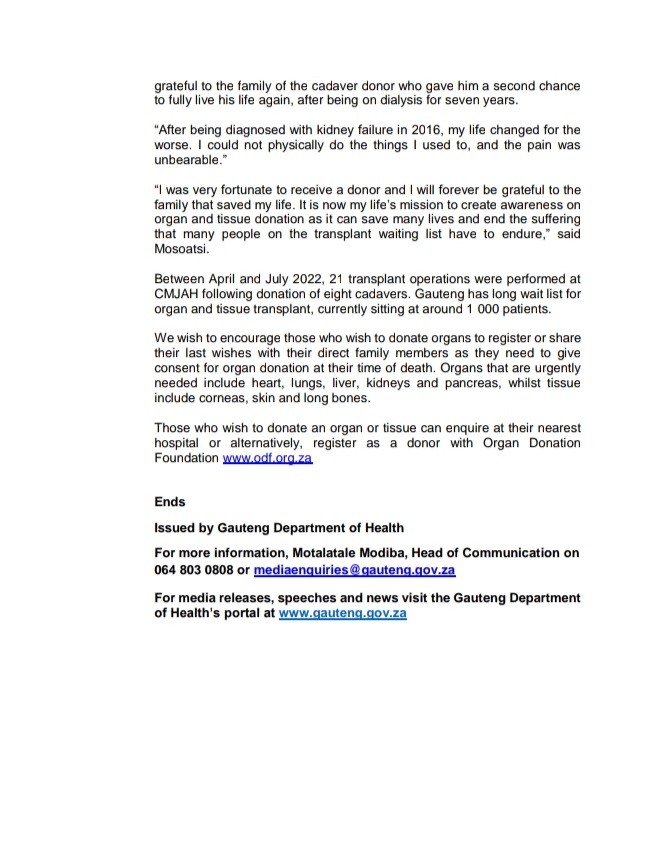 MEDIA STATEMENT || THANK YOU FOR DONATING ORGAN AND TISSUE AND GIVING OTHERS A SECOND CHANCE AT LIFE