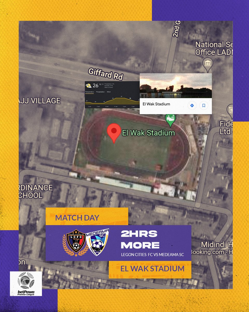 MedeamaSC's tweet photo. 2hrs to go #LegMed
Venue of Attraction for Today's game is the EL WAK STADIUM in Accra.
⛅️Weather for today is conducive for afternoon football with peak temperature of 27 degree Celsius.
🌧️Rainfall is unlikely with a chance of 5%.
#Nevergiveup https://t.co/UYY9heKS2K