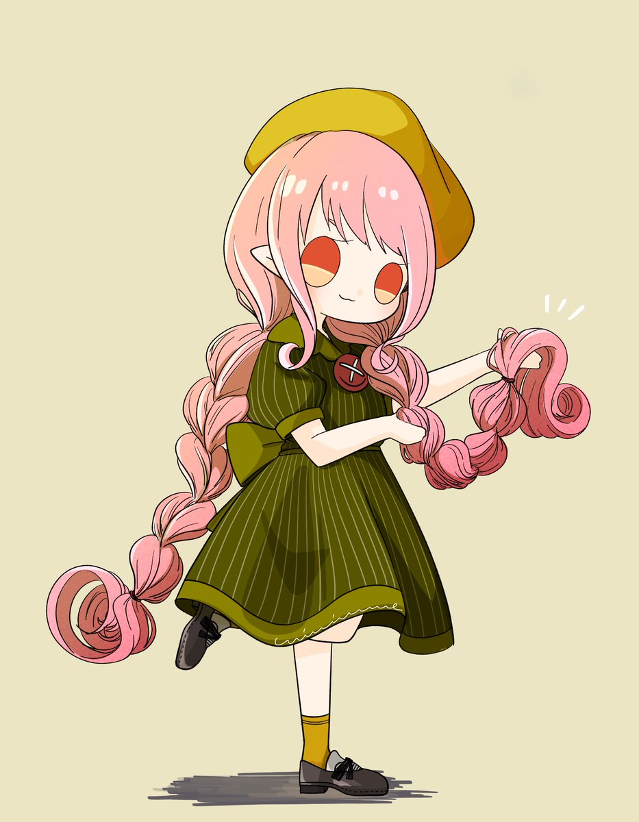 1girl pink hair solo dress green dress long hair hat  illustration images
