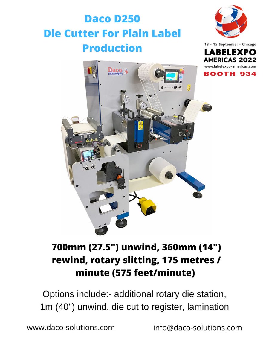 DacoSolutions's tweet image. Daco D250 for the production of plain labels.

Call by booth 934 Hall A  at Labelexpo America’s or visit   daco-solutions.com/daco-rotary-di…

#labels #diecutting #labelexpo