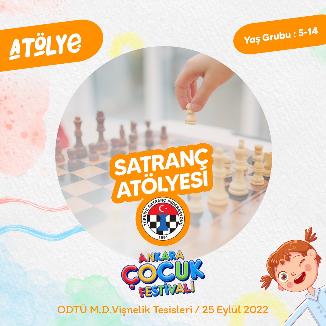 Çocukların, kontrollü zaman kullanımını öğrenebilecekleri ve organizasyon becerilerini geliştirecekleri satranç atölyesi Ankara Çocuk Festivali'nde.
♟♟

🗓️25 Eylül / 15.00 - 15.45 
📍ODTÜ M.D. Vişnelik Tesisleri
🎟️Biletler <a href="/biletix/">Biletix</a> ve <a href="/biletinial/">Biletinial</a>’da

#doğayıseveğlenceyesarıl