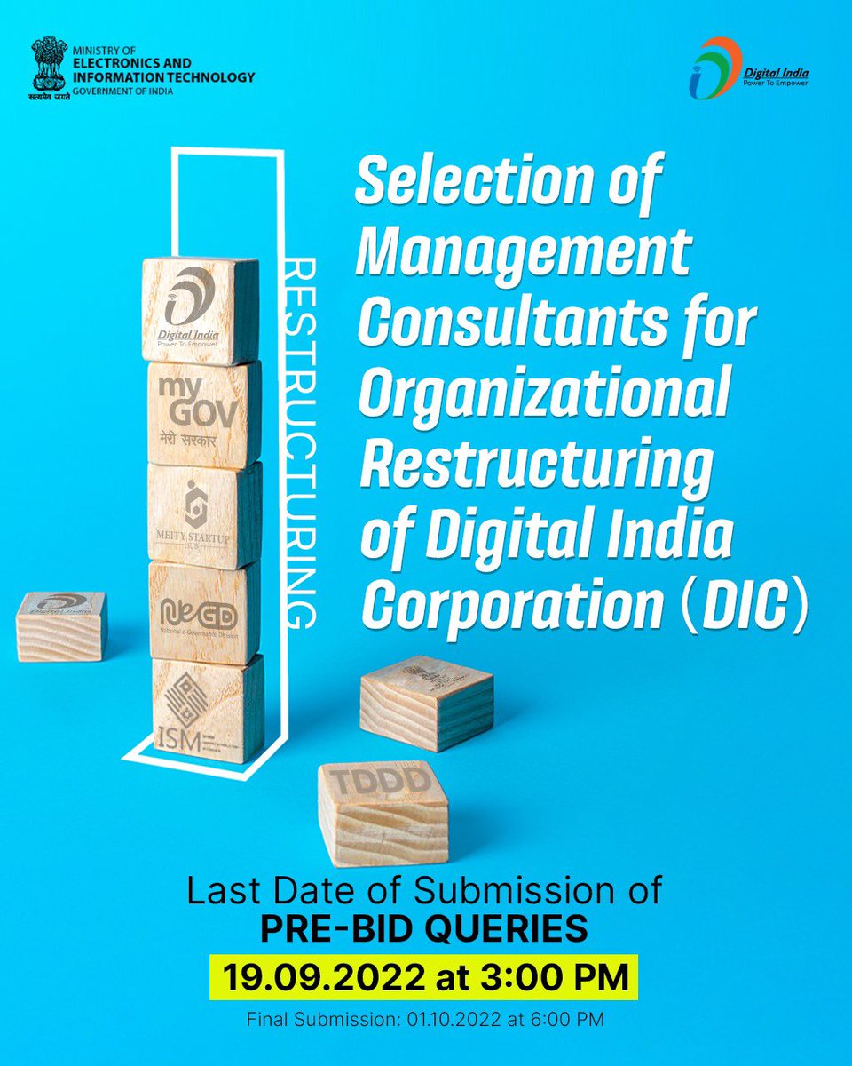_DigitalIndia's tweet photo. #TenderOpening: Selection of Management Consultants for Organizational Restructuring of Digital India Corporation (DIC).
Final Submission Date: 01.10.2022
For further details, click here
https://t.co/0jWS7k2yu2 https://t.co/m4570TYK4y https://t.co/7OkaRh3aAb