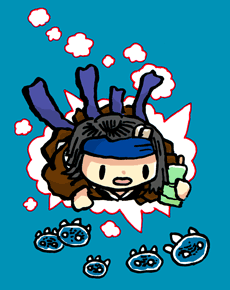 1girl solo chibi headband black hair blue background simple background  illustration images