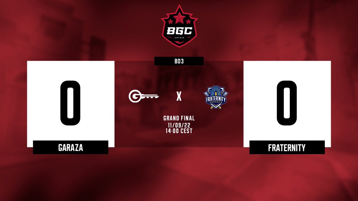 💥 Just in 40min. First &amp; Last Best-Of-Three 🥳

Group stage leader <a href="/GARAZAgg/">GARAZA</a> will face #FraternityEsports in a final match of BGC Series Fall 2022: LATVIA 

📺 twitch.tv/bgc_studio2

#StayBGC