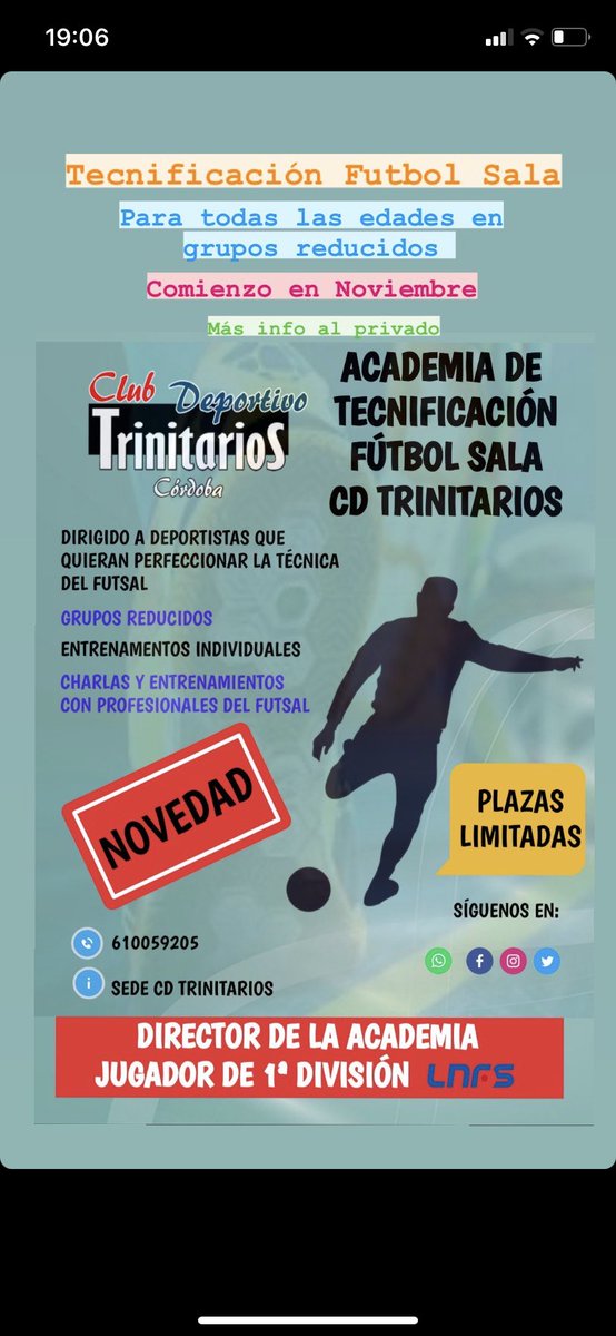 Tecnificación de fútbol sala para todas las edades. Grupos reducidos, monitores cualificados.
Comienzo mes de noviembre, no dudes en preguntar⚽️⚽️