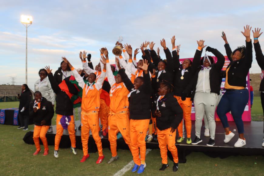 HHichilema's tweet photo. Hearty congratulations to @Copper_Queens for lifting the #CosafaWomen2022 trophy. We are in the Champions League. @FAZFootball #Zambia https://t.co/Tvk0YOhZmY