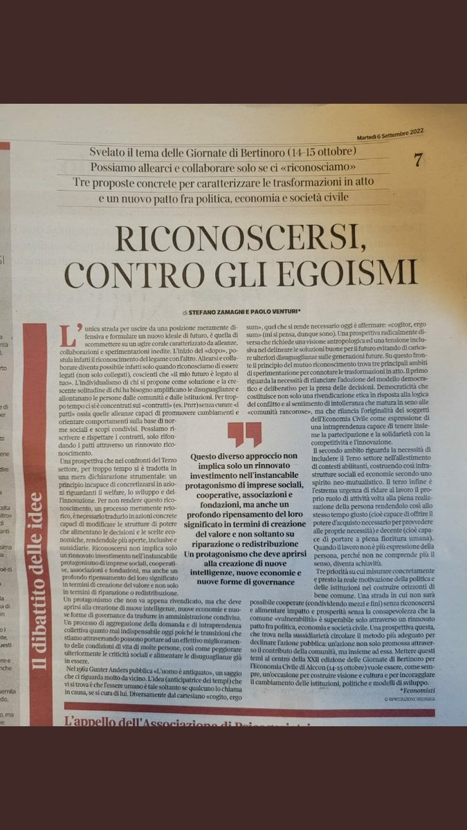 GPGualaccini's tweet image. @AICCONnonprofit 🟣&apos;RICONOSCERSI, CONTRO GLI EGOISMI&apos;
📰su @CorriereBN UNA RIFLESSIONE DI #STEFANOZAMAGNI e @paoloventuri100 sul tema delle #gdb2022
Info:legiornatedibertinoro.it 

@1970Germano @pierovecchiato
@MarcoValerii @CristinaAntonu
@sradaelli @avanzi_

MOLTO INTERESSANTE!