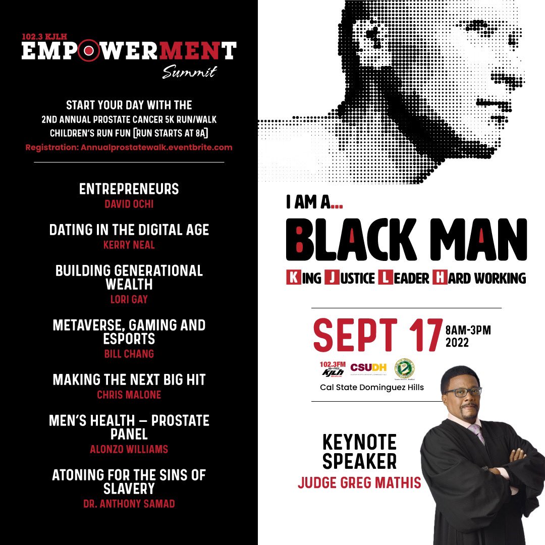 JudgeGregMathis's tweet photo. Next Saturday, September 17th, I will be the Keynote Speaker at the 2022 Men’s Empowerment Summit at California State University, Dominguez Hills! It’s open to the public. You can enjoy panels on Men’s Health, Financial Literacy and more! #MES2022
Visit https://t.co/Wv5AOG4poi https://t.co/JSpiPmhHcw