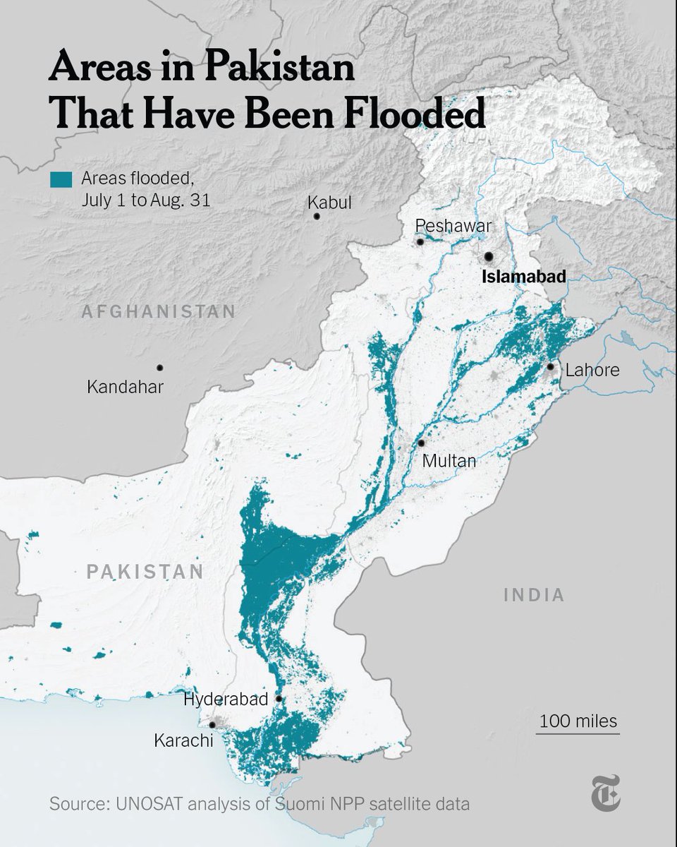 nytimes's tweet photo. Flooding has crippled Pakistan’s agricultural sector, battering the country as it reels from an economic crisis and inflation that has sent the price of basic goods soaring. Officials warn the flooding threatens to set Pakistan back years or even decades. https://t.co/Q2SU4at7JR https://t.co/ELvUz6x6pQ