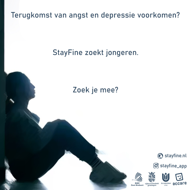 StayFine_app's tweet photo. Het StayFine-team onderzoekt of we de terugkomst van angst en depressie kunnen voorkomen. Of de kans daarop (het liefst een heel stuk!) kunnen verlagen. Ken jij iemand (13 t/m 21 jaar) die met ons de gratis app wil testen? Meer info: https://t.co/UjXkRQZghd https://t.co/0Q5lka5CZs