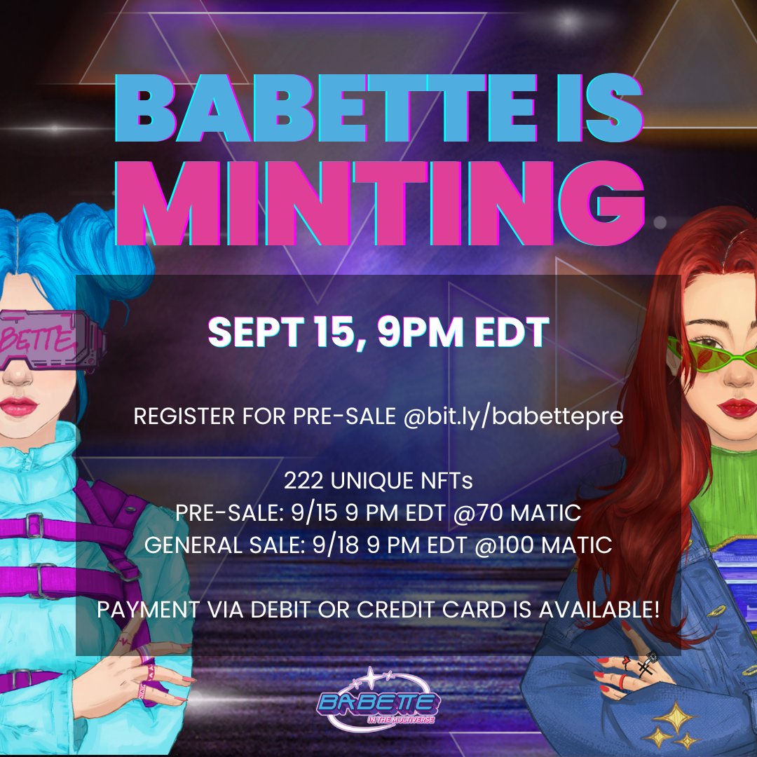 Good morning!🌞 The sun is shining EVEN BRIGHTER because Babette is #minting in FOUR DAYS!!!

Pre-Sale registration is LIVE - send us your wallet address to join our pre-sale: bit.ly/babettepre

#NFT #NFTs #NFTart #MintingSoon