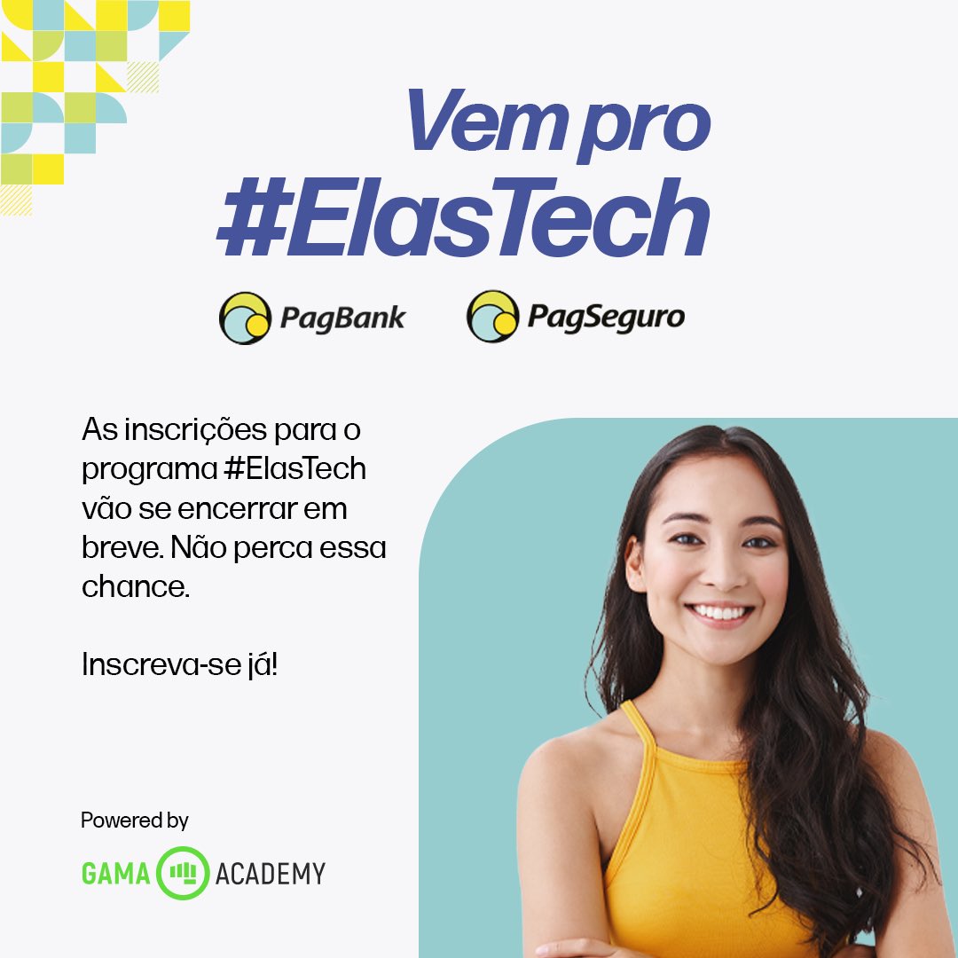 danvitoriano's tweet image. Últimos dias para inscrever-se no #elasTech do PagSeguro PagBank que vai treinar mulheres em Java pela Gama Academy com possibilidade de contratação no final: bit.ly/elas-tech #dev #java #vagas #curso