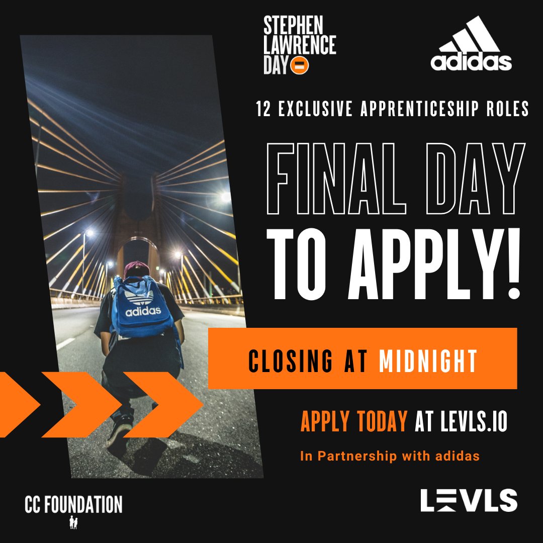 Deadline for applications is at midnight! Seize these exclusive career opportunities by applying to LEVLS.IO 
#adidas #stephenlawrence #apprenticeships