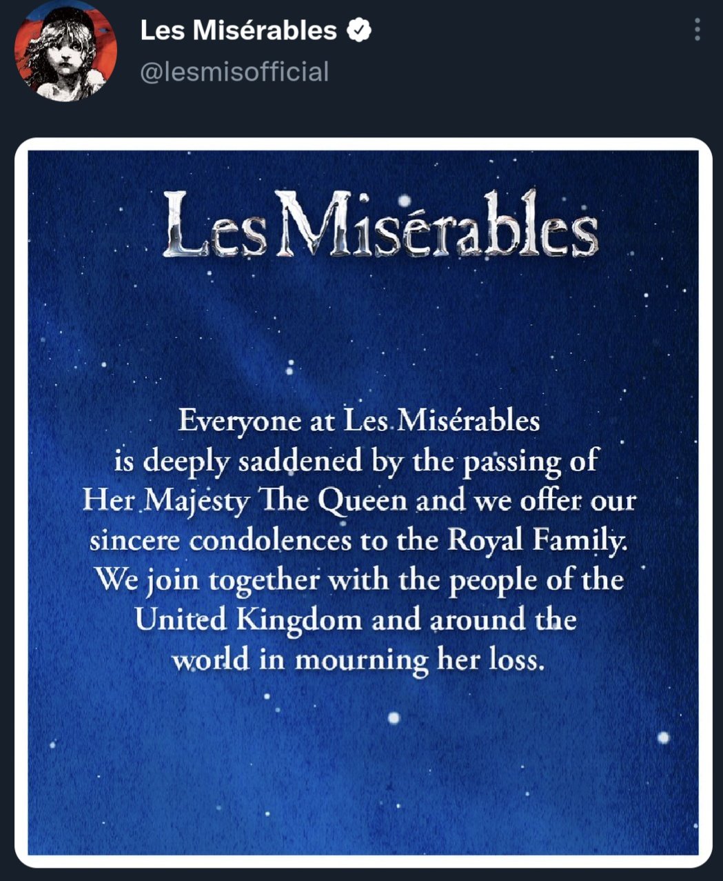Bad Writing Takes on X As a mark of respect for the passing of Her Majesty Queen Elizabeth II 1926 2022 the plots of Les Miserables and Hamilton will be altered so