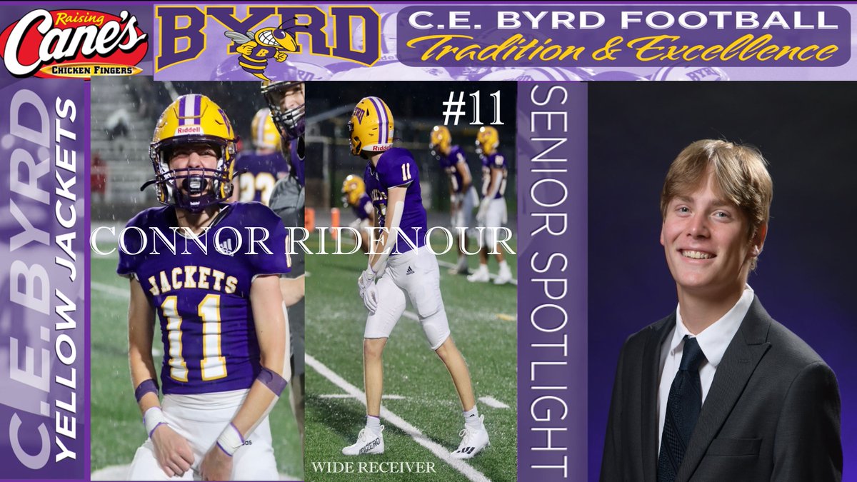 cebyrd_football's tweet photo. The 5th @raisingcanes Senior Spotlight shines on receiver No. 11 Connor Ridenour, who came to Byrd after playing youth football in Canada. He is part of receiving corps that helped the Yellow Jackets defeat the Huntington Raiders, 46-22, Friday. #StingEm #OneLove https://t.co/0Lec91E5S2