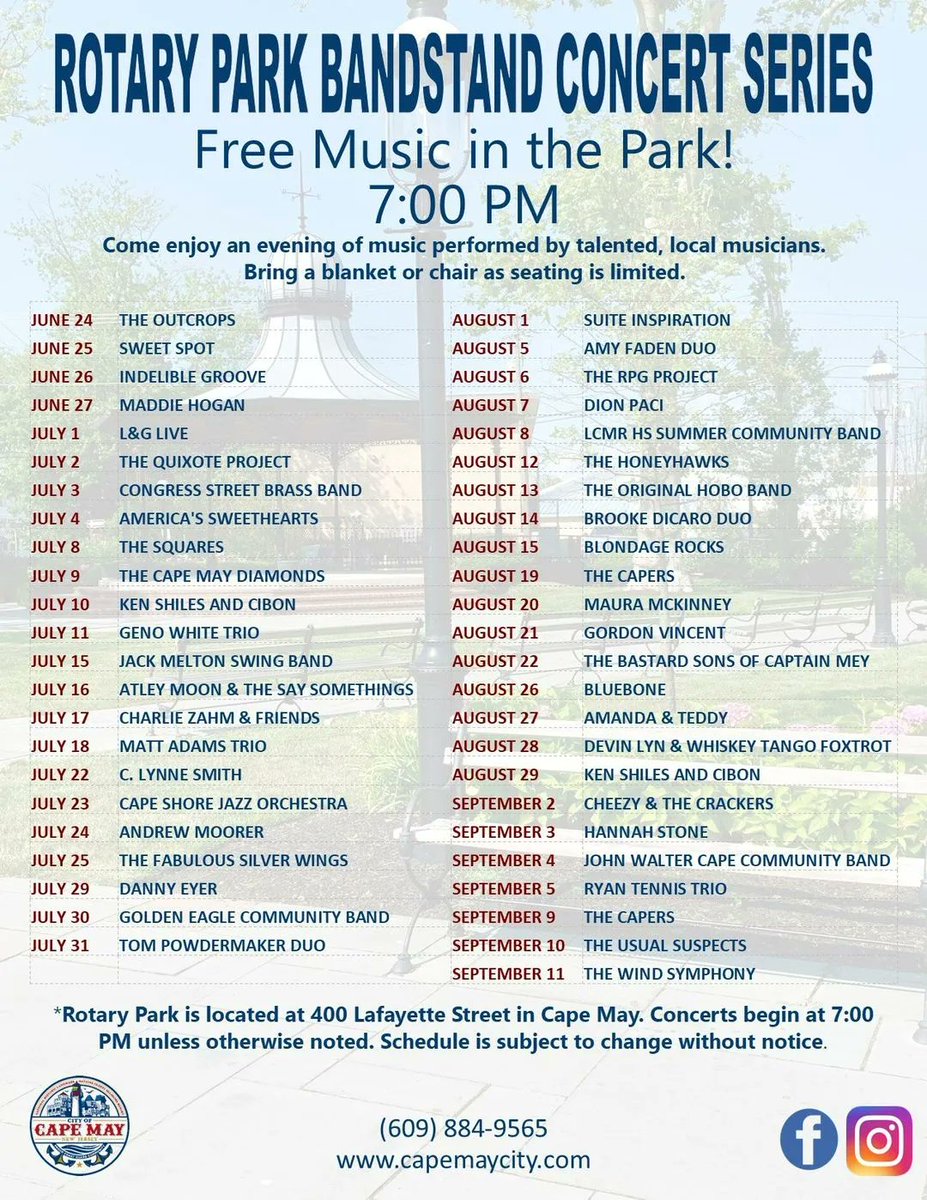 AntoinettesCMay's tweet photo. Tongiht is the LAST FREE Music in the Park!
Enjoy an evening of music performed by a wide array of musical talent every Friday - Monday from June 24 - September 11.
Bring a blanket or beach chair as seating is limited. https://t.co/12fYS33jVK