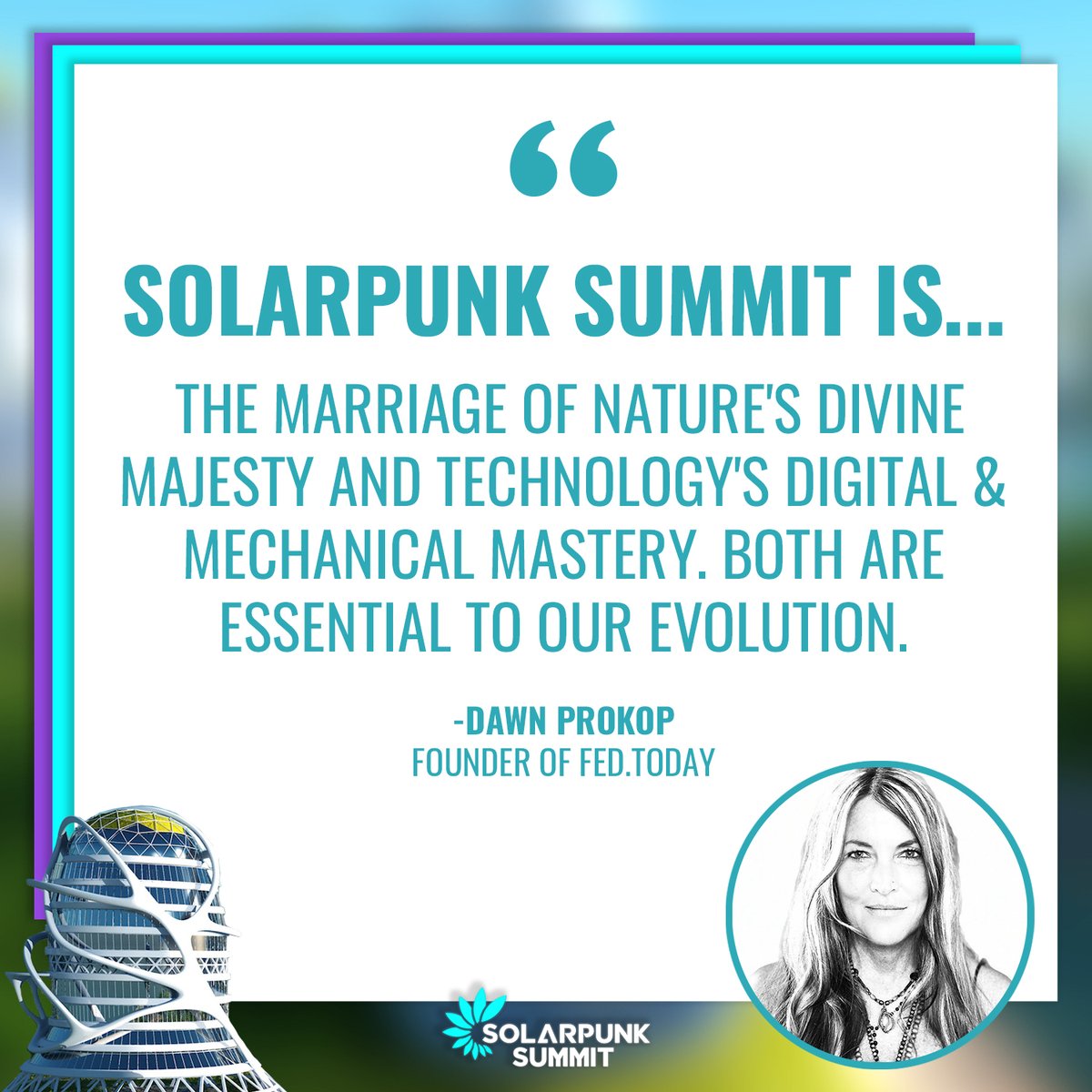 SolarpunkSummit's tweet photo. Thanks for the beautiful testimonial Dawn Prokop!
Our mission is to celebrate beautiful visions of the #future, bringing together those who are ready to be in #community, provide #solutions, and #manifest new realities together.
Join us at #SolarpunkSummit! https://t.co/s9FtrrmKiM
