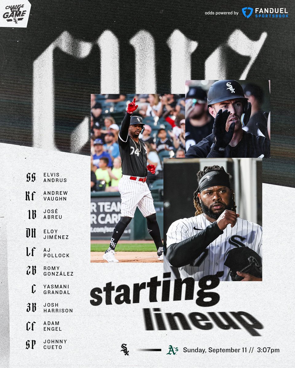 Chicago White Sox (@whitesox) on Twitter photo Today's #WhiteSox starters in Oakland.
⏰: 3:07 p.m. CT
📺: <a href="/NBCSChicago/">NBC Sports Chicago</a>
📻: <a href="/ESPN1000/">ESPN Chicago</a>
💰: <a href="/FDSportsbook/">FanDuel Sportsbook</a>
🔢: CWS to have most hits -200 Today's #WhiteSox starters in Oakland.
⏰: 3:07 p.m. CT
📺: <a href="/NBCSChicago/">NBC Sports Chicago</a>
📻: <a href="/ESPN1000/">ESPN Chicago</a>
💰: <a href="/FDSportsbook/">FanDuel Sportsbook</a>
🔢: CWS to have most hits -200