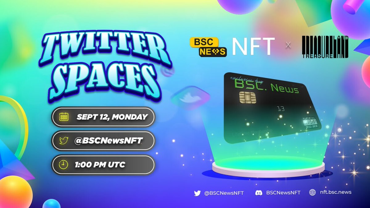 BSCNewsNFT's tweet photo. 🚨#BSCNewsNFT will be hosting an AMA with our one of our partners @TreasurelandNFT 🚨

❓Where? @TreasurelandNFT's Twitter
 🕐When? September 12th, 1pm UTC
 🌎Set your reminders!

#AMA #NFT #BNB https://t.co/1shRfXzVrG