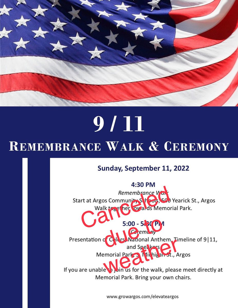 GrowArgos's tweet photo. 🚨 Event Canceled 

We are very sorry to announce that due to the weather forecast we are canceling today’s 9/11 event. We ask everyone to spend some time today remembering 9/11. https://t.co/Z9d0QRq55U