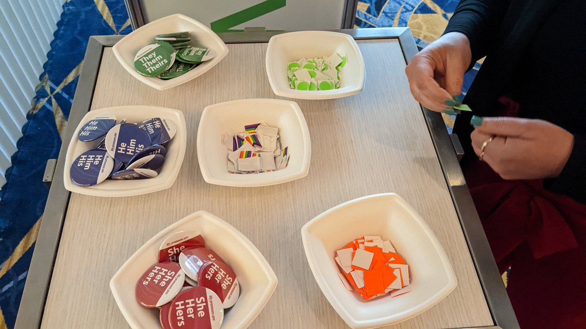lam_michele's tweet photo. @SHSMDAHA Loving the pronoun buttons, LGBTQIA 🏳️‍🌈 ally and social distancing stickers! #SHSMD22 #shsmd2022 https://t.co/nKQSRFagd8