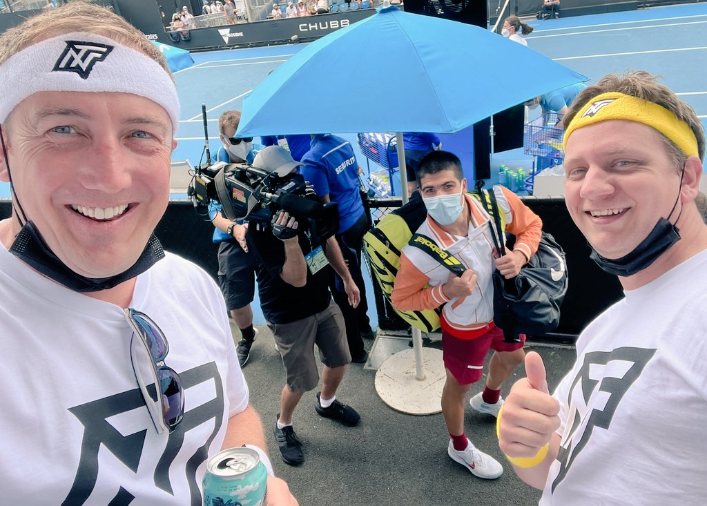 CamelCollect's tweet photo. Best of luck to superstar @carlosalcaraz in the @usopen Final. The @NFTeams_ crew were your biggest fans in January in Melbourne. Vamos! @DylSmith21 @day25 https://t.co/5qIbKA1l8p