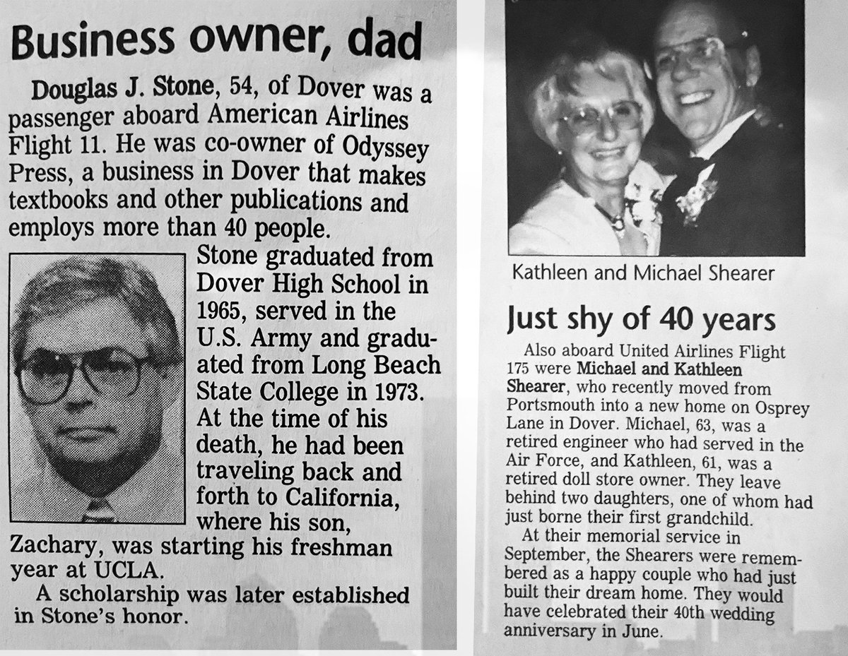 madeindover's tweet photo. Remembering today Douglas Stone and Michael and Kathleen Shearer, from Dover, who lost their lives in the Sept. 11, 2001, terrorist attacks. https://t.co/LHt3MVjIhq