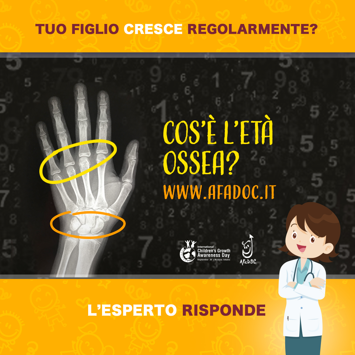 AfadocOnlus's tweet photo. Buona Crescita = Buona Salute!
Tuo figlio cresce regolarmente? Scoprilo!
Cos’è l’età ossea?
Clicca e leggi la risposta dell'esperto!
https://t.co/Sf79cNkcvf
#afadoc #growthawareness #buonasalute #endocrinologia #pediatria #crescita #ChildGrowthAwareness @ICOSEPorg https://t.co/J4CyDNvdGs