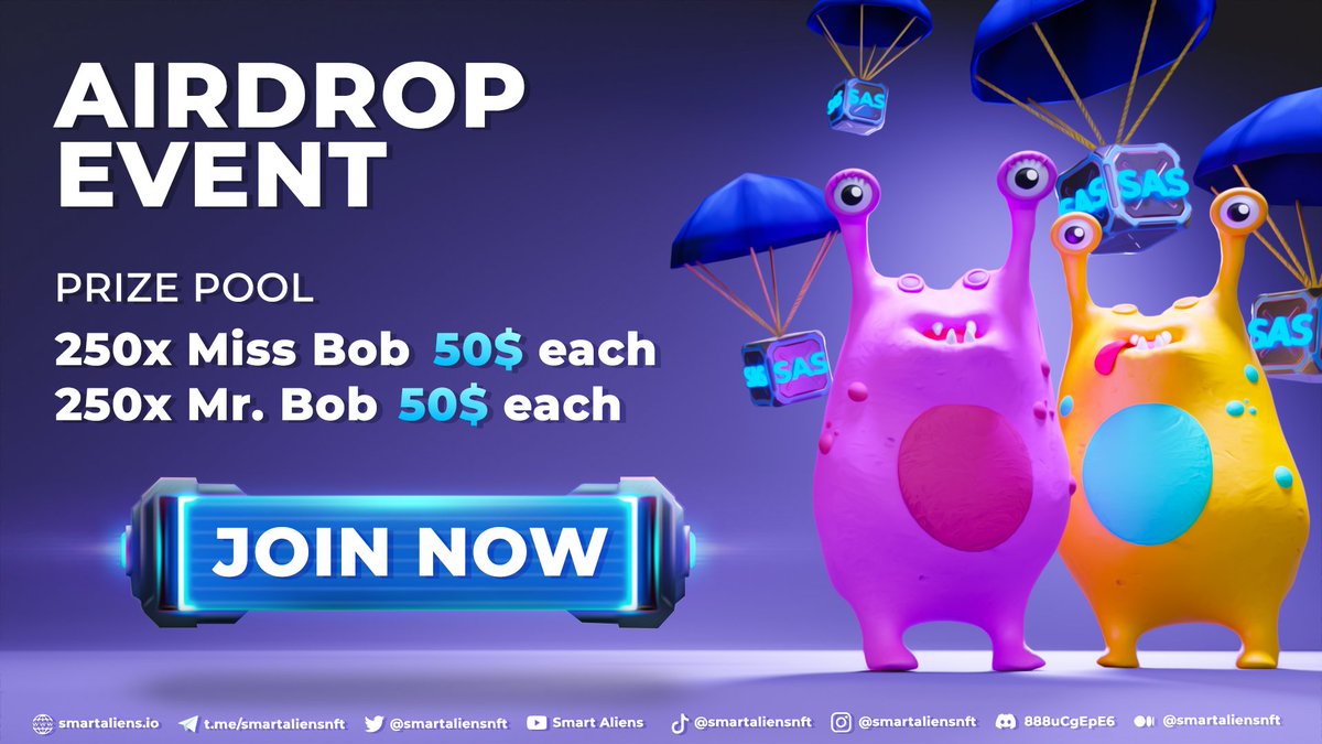 #SmartNFT Airdrop Event 🎉

💰 Total Prize: 25,000$ #Airdrop worth of #NFTs 
📅 Start: 11.09.2022 End: 22.09.2022
🏦 Distribution: Marketplace Opening 🛒

Join now: gleam.io/zVRN8/smartnft…

#BNB #BSC $BTC #BTC #smartNFTs #NFTdrop