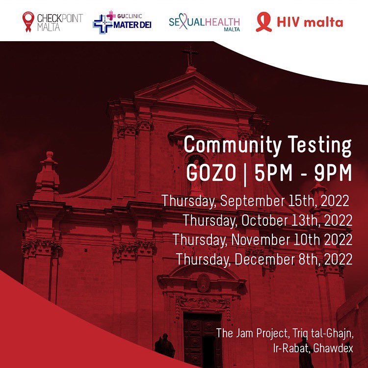 CheckpointMalta's tweet photo. Checkpoint Malta, in collaboration with the GU Clinic, HIV Malta and Sexual Health Malta will be organising a series of community-led HIV testing sessions in Malta and Gozo. Testing is free, confidential and fast! 

(➡️ Swipe between Malta and Gozo times, ⬇️ Read more below) https://t.co/JvdhryLMmv