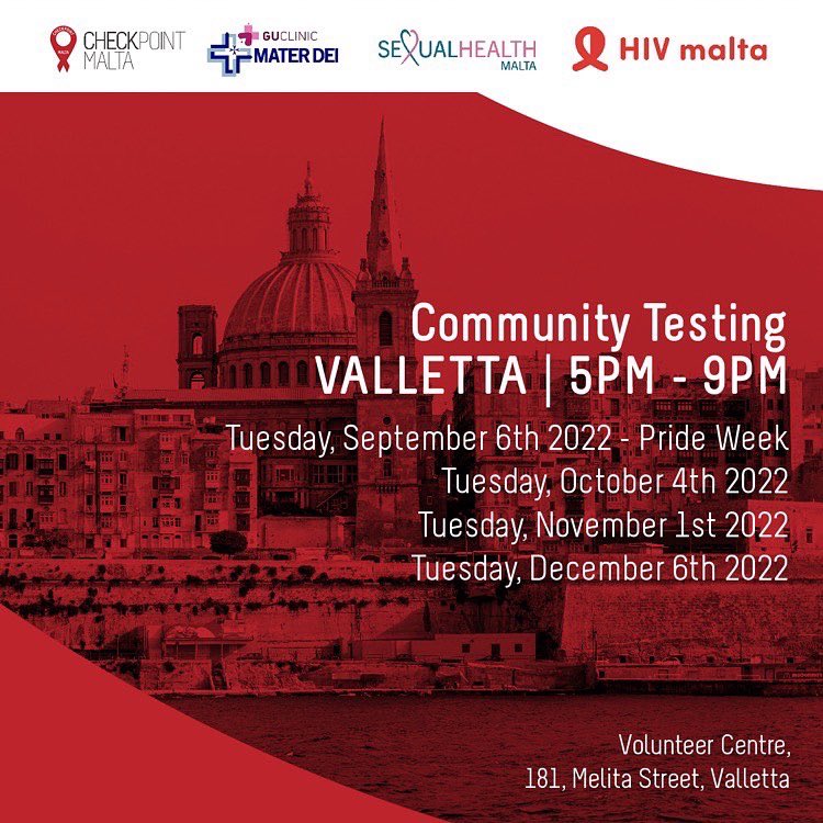 CheckpointMalta's tweet photo. Checkpoint Malta, in collaboration with the GU Clinic, HIV Malta and Sexual Health Malta will be organising a series of community-led HIV testing sessions in Malta and Gozo. Testing is free, confidential and fast! 

(➡️ Swipe between Malta and Gozo times, ⬇️ Read more below) https://t.co/JvdhryLMmv