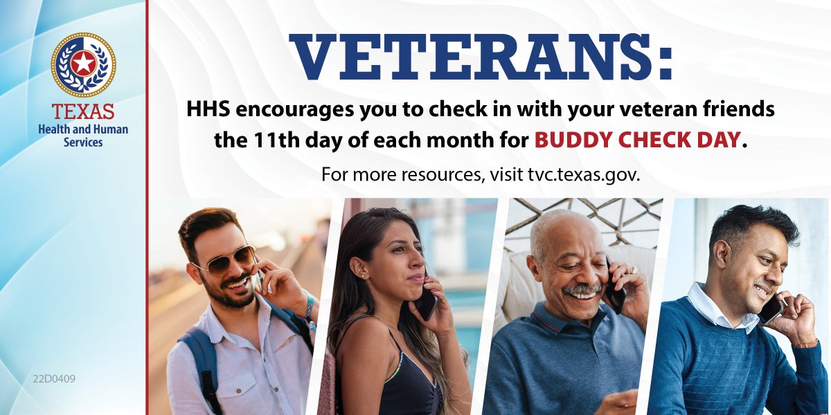TexasHHSC's tweet photo. #TeamTexasHHS encourages you to check in with your Veteran friends today and the 11th day of each month for Buddy Check Day. Learn more at https://t.co/M9tfLIpalQ. #BuddyCheckDay @TexVet
@VAPTSD #AboutFace #MoreThanEverBefore #BeThere #MakeTheConnection https://t.co/CNYDAtUZR2