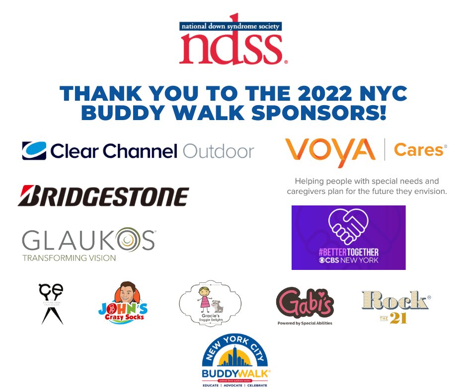 NDSS's tweet photo. Thank you to our #NYCBuddyWalk® sponsors. We are so grateful to the partnerships that have made this event possible! Be sure to stop and say thank you to all of them in our Exhibitor section at the Buddy Walk on September 17th! 🥳 https://t.co/psldkKTTWf