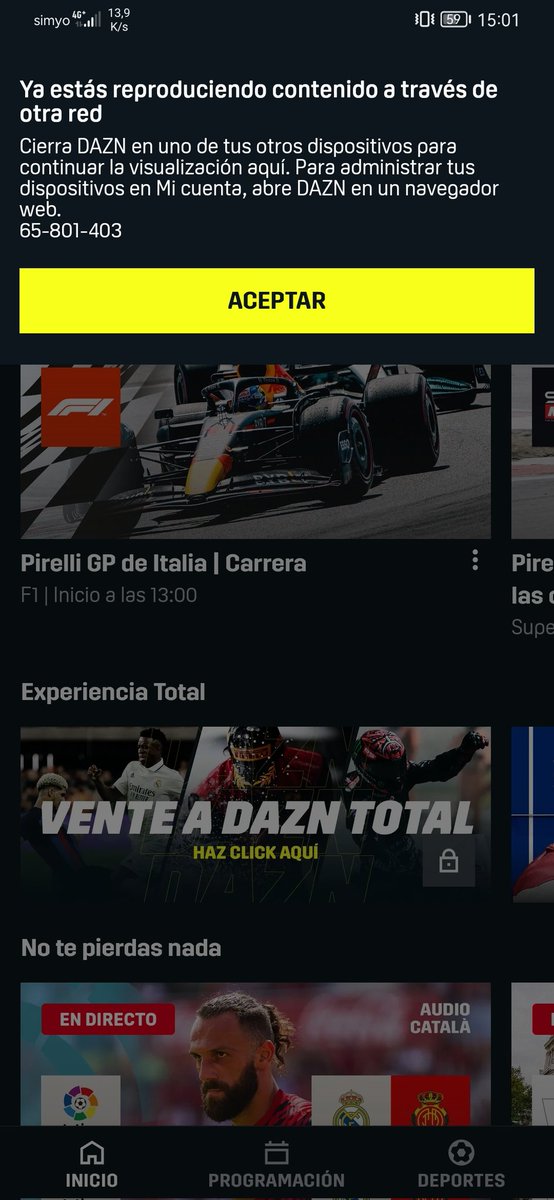 Pues nada <a href="/DAZN_ES/">DAZN España</a> ha decidido que no voy a ver la salida jajaja que quite los dispositivos dice... Cuando solo está mi puto móvil y nada más con la sesión abierta!! Flipando, es que me voy a dar de baja esto es una poca vergüenza sin sentido