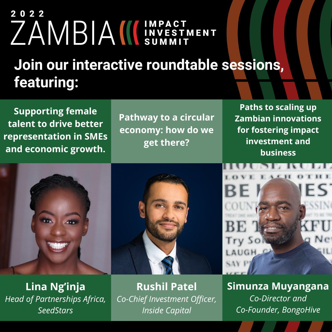 impactcapafrica's tweet photo. The #ZIIS features interactive roundtable sessions and we can't wait!
@ambeto_ @simunza with @nab_zambia 
@AngloAmerican @prosperozm @AGSZambia @InclusiveBiz @giz_gmbh @BMZ_Bund @GSGimpinv  
@USAIDZambia @ENTERPRISEZamb @CGIARAfrica
@zanacoplc @FNBZambia https://t.co/oIhOL0vkRg