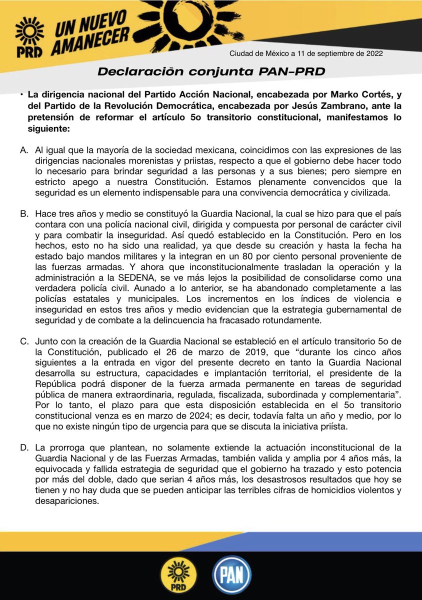 PRDMexico's tweet photo. Declaración conjunta #PAN y #PRD ante la pretensión de reformar el Artículo 5o Transitorio Constitucional.
🔗Link: https://t.co/Qytqxx5pk6 https://t.co/B3YzyexEPx