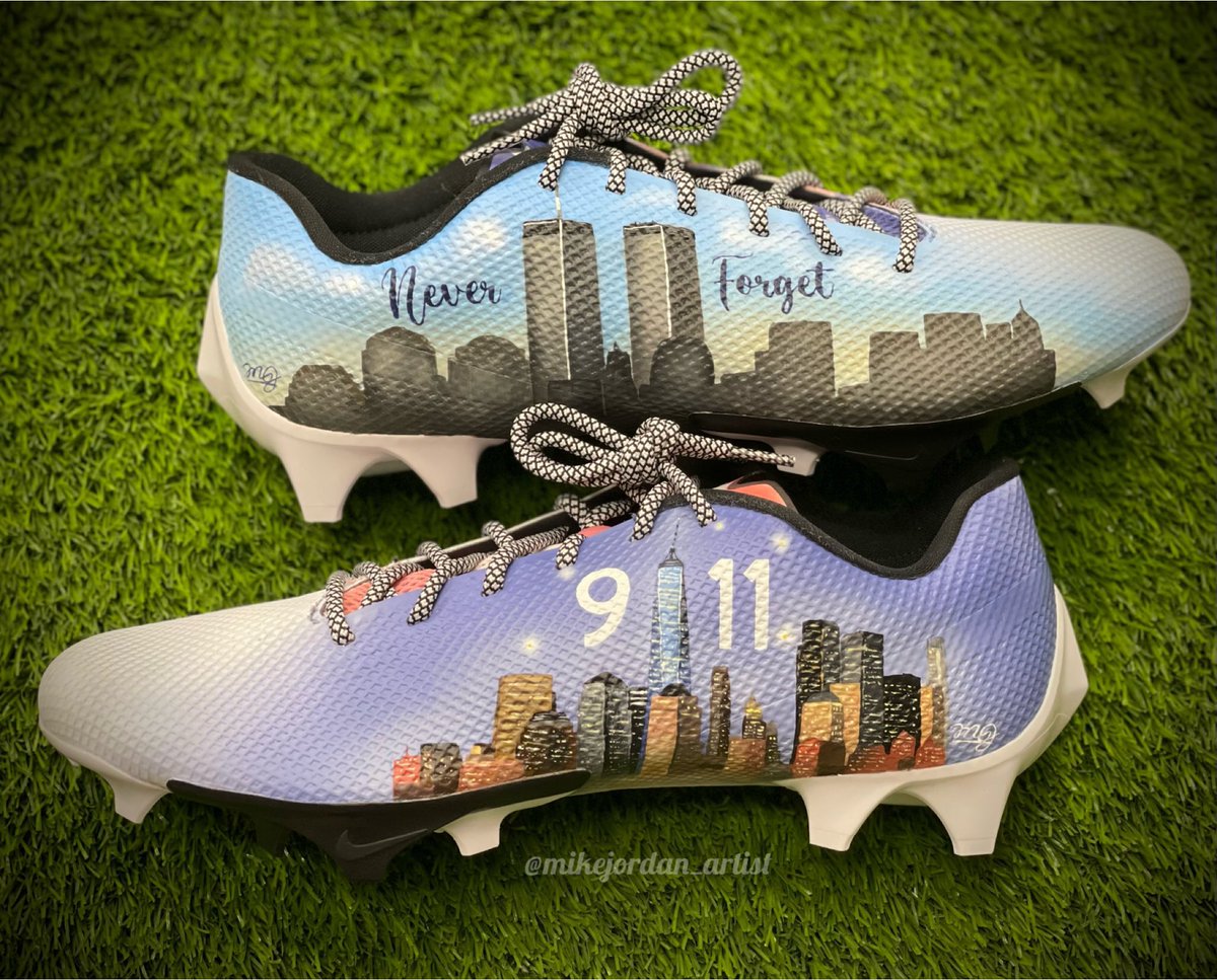 GolfNBS's tweet photo. Elijah Moore will be wearing these custom cleats today to commemorate 9/11 🙏 (via @mikejordan_art) https://t.co/rfPmbdPEXi