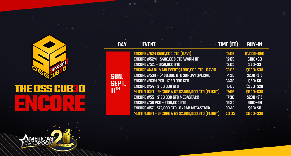 ACR_POKER's tweet photo. ๐ฆ ๐ฐ Our $29 Million OSS Cub3d Encore is on tap for a mammoth Sunday! Check out the schedule, including the final Day 1B of our $1 Million Main Event ($630 buy-in) at 1:05pm ET.
๐https://t.co/rvVpisQZqf
#OSSCubedEncore #OSSCub3dEncore #ACR #OSSCubed #OSS #OSSCub3d https://t.co/s0h9FesKvk