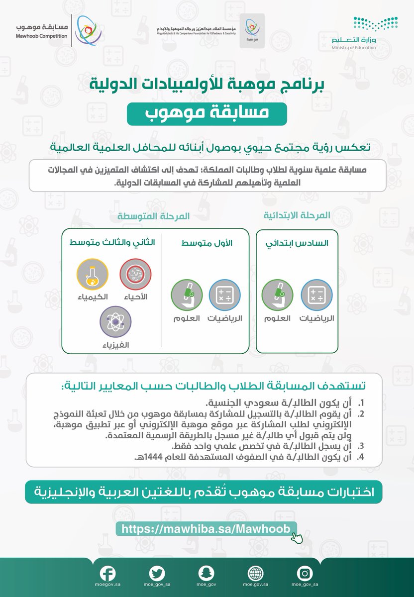 moe_gov_sa's tweet image. #مسابقة_موهوب السنوية تُقام بالشراكة مع @mawhiba، تستهدف الطلبة من الصف السادس إلى الصف الثالث المتوسط؛ لاكتشاف الطلبة المتميزين في التخصصات العلمية، بهدف إلحاقهم بالبرامج المتخصصة وتأهيلهم للمسابقات والأولمبيادات الدولية.
